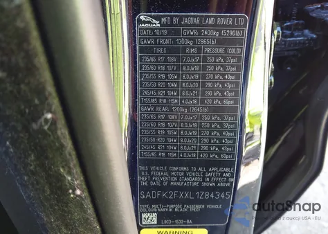 2020 Jaguar E-Pace P250 Awd Automatic z USA, uszkodzony, nr VIN SADFK2FXXL1Z84345